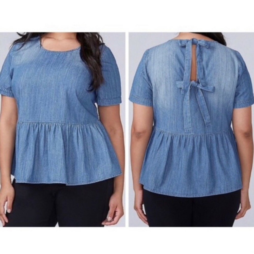 Lane Bryant Tie Back Peplum Chambray Denim Top